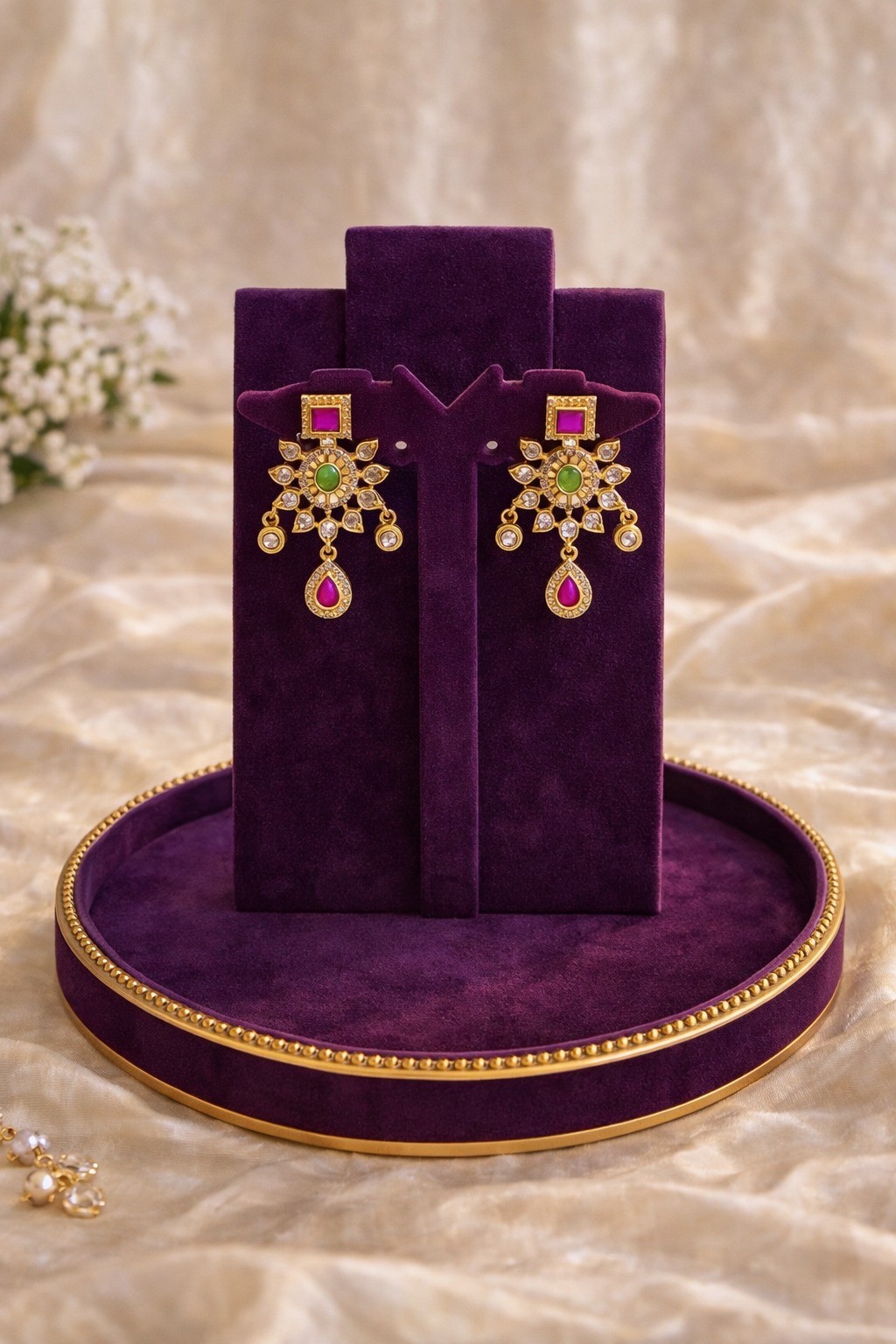 Jhoomer Square | Lumera Gold jhoomer square earrings with kundan ruby emerald stones and teardrop pendant by Lumera