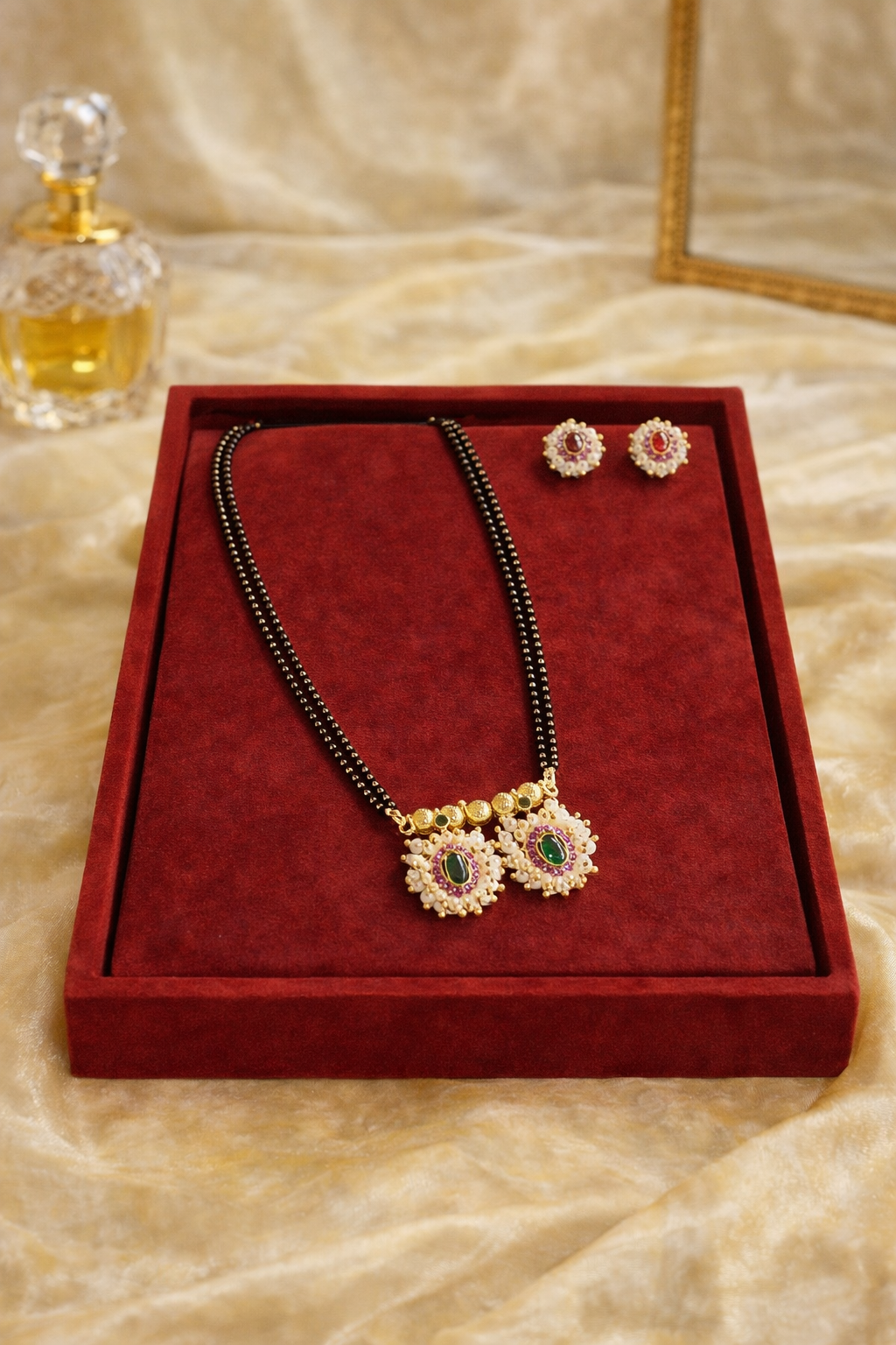 Moti Mangalsutra Set with Earrings Traditional | Lumera Moti mangalsutra with triple black bead chain emerald pendant and matching earrings by Lumera