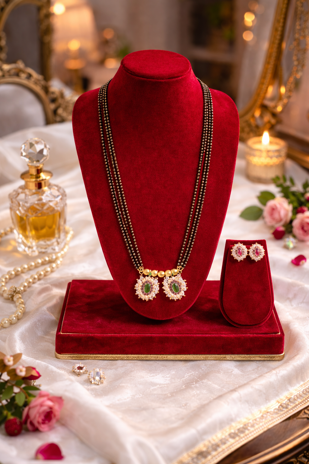 Moti Mangalsutra Set with Earrings Traditional | Lumera Moti mangalsutra with triple black bead chain emerald pendant and matching earrings by Lumera