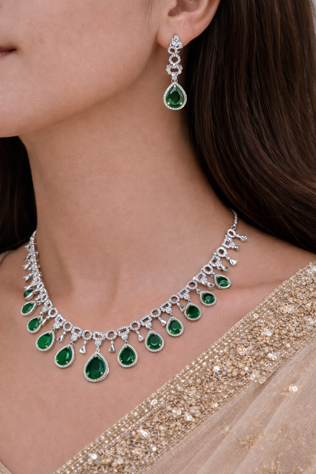 Silver Green Emerald Necklace | Lumera Woman wearing silver emerald necklace set with matching earrings by Lumera