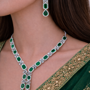 Silver green square diamond emerald necklace set with matching earrings by Lumera