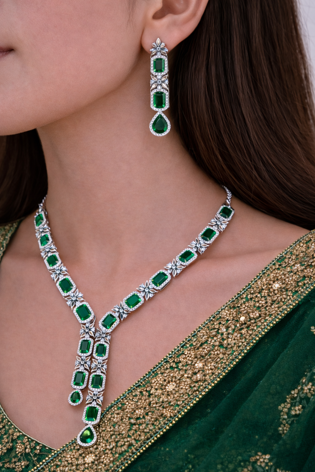 Silver Green Square Diamond Emerald Necklace | Lumera Silver green square diamond emerald necklace set with matching earrings by Lumera