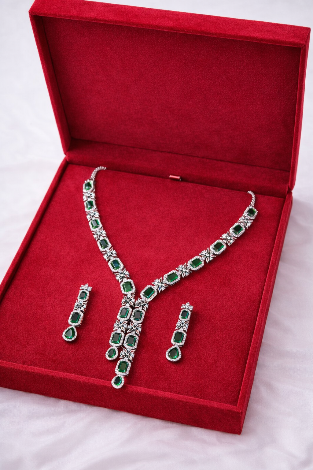 Silver Green Square Diamond Emerald Necklace | Lumera Silver green square diamond emerald necklace set with matching earrings by Lumera