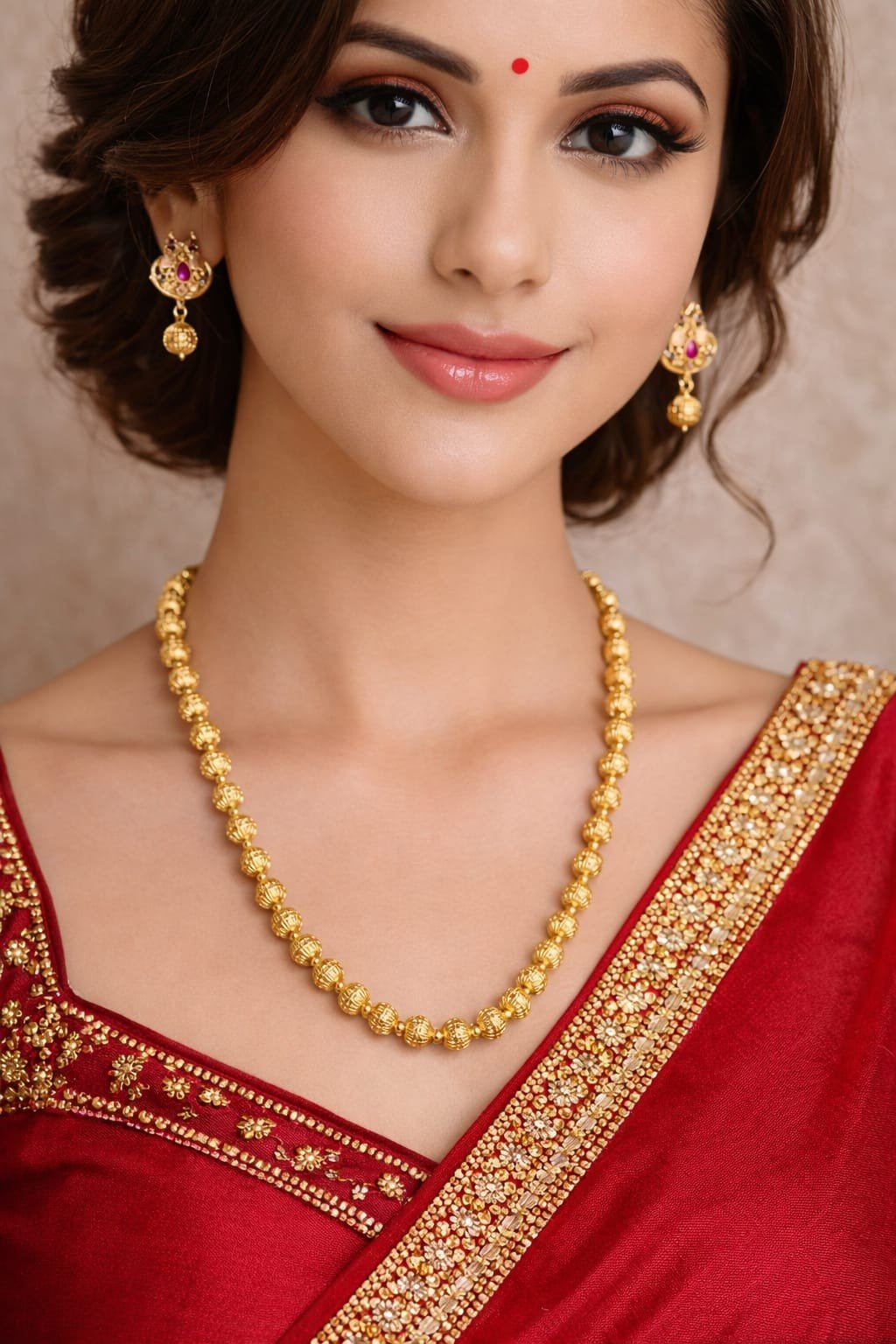 Single Golden Ekdani Set Traditional Gold Jewellery | Lumera Woman wearing single golden Ekdani necklace set with matching earrings by Lumera