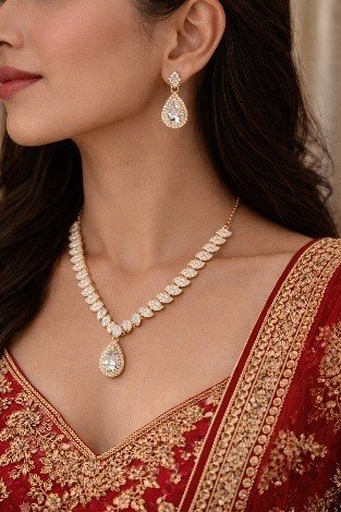 Golden Diamond Koyari Set | Lumera Golden diamond Koyari necklace set with matching earrings by Lumera